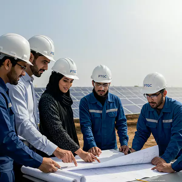تیمی از مهندسان و تکنسین‌های متخصص با کلاه ایمنی در حال بررسی نقشه‌های یک پروژه نیروگاه خورشیدی، نمادی از مشاغل و تخصص‌های این صنعت.